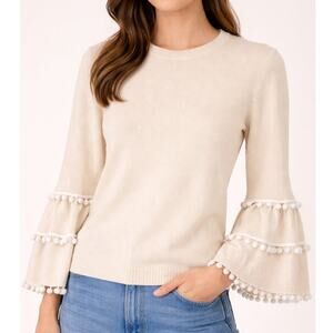 Anthropologie Two Bees Cashmere Sweater Wool Pom-Pom Tiered Bell Sleeve Preppy